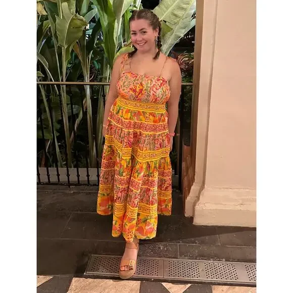 FARM Rio Yellow Pink Floral Tiered Midi Dress - Picture 6 of 12